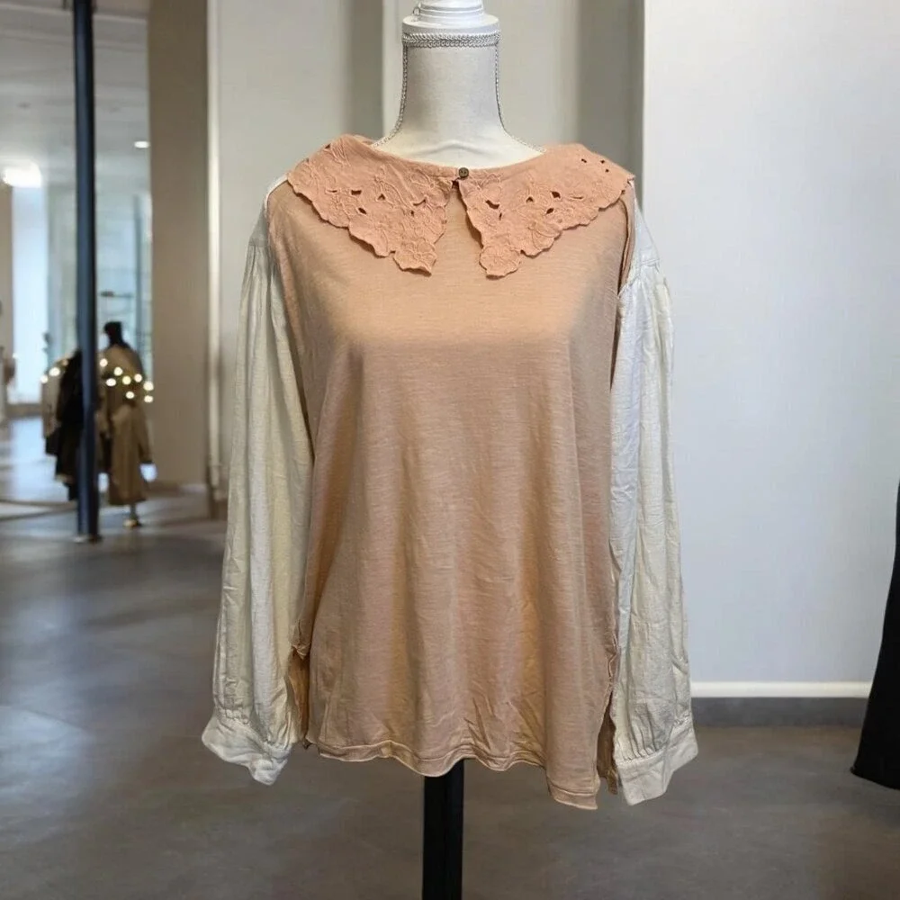 Free People Contrast Sleeve Lace Collar Tunic Top Pink White Cotton Blend Size M